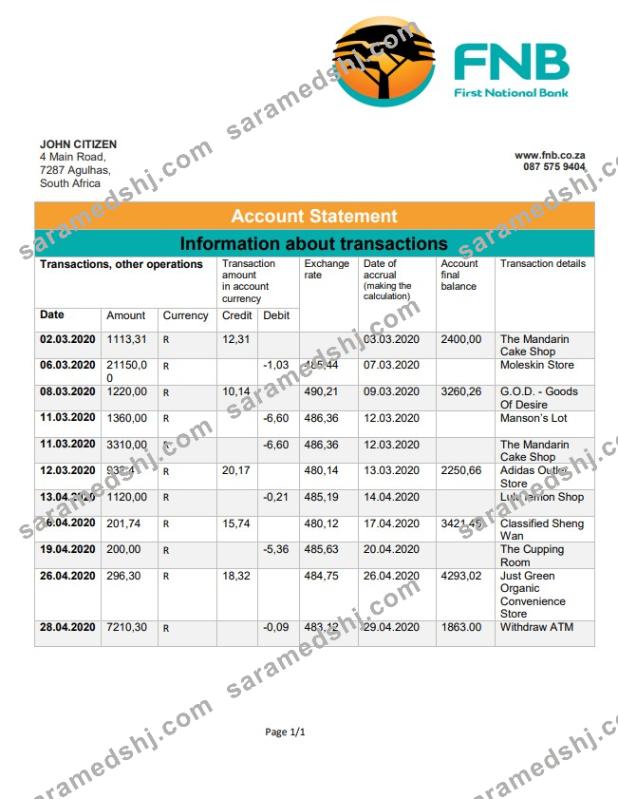 South Africa First National Bank (FNB) proof of address statement template in Word and PDF format
